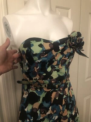 Vestido Catherine Malandrino Lápiz Bodycon Bustier Cinturón Sin Tirantes Flor Verde 2 Foto 1 de 4