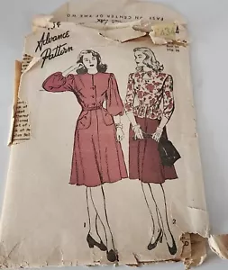Vintage 1940s ADVANCE PATTERNS Sewing Pattern 4344 Peplum Dress Size 15 RARE - Picture 1 of 5