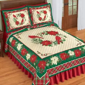 3Pc Christmas Festive Poinsettia & Cardinal Plaid Holiday Quilt Set Shams TWIN - Picture 1 of 7