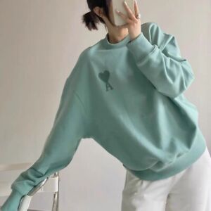 New AMI Heart Embroidered Loose Couples Round Neck Korean Pullover Sweater