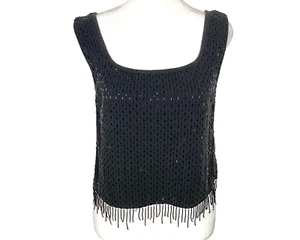 PETER NYGARD Women Fringe Cropped Sequence Blouse Pullover Sz M Black 77-10 - Picture 1 of 12