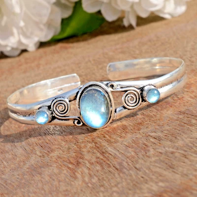 Blue Fire Labradorite Gemstone 925 Sterling Silver Bracelet 1st Meeting Gift - Image 1 of 4