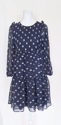 Calvin Klein Size 4P Petite Tier Skirt Puff Sleeve Dress Blue Silver Geometric - Image 1 of 4