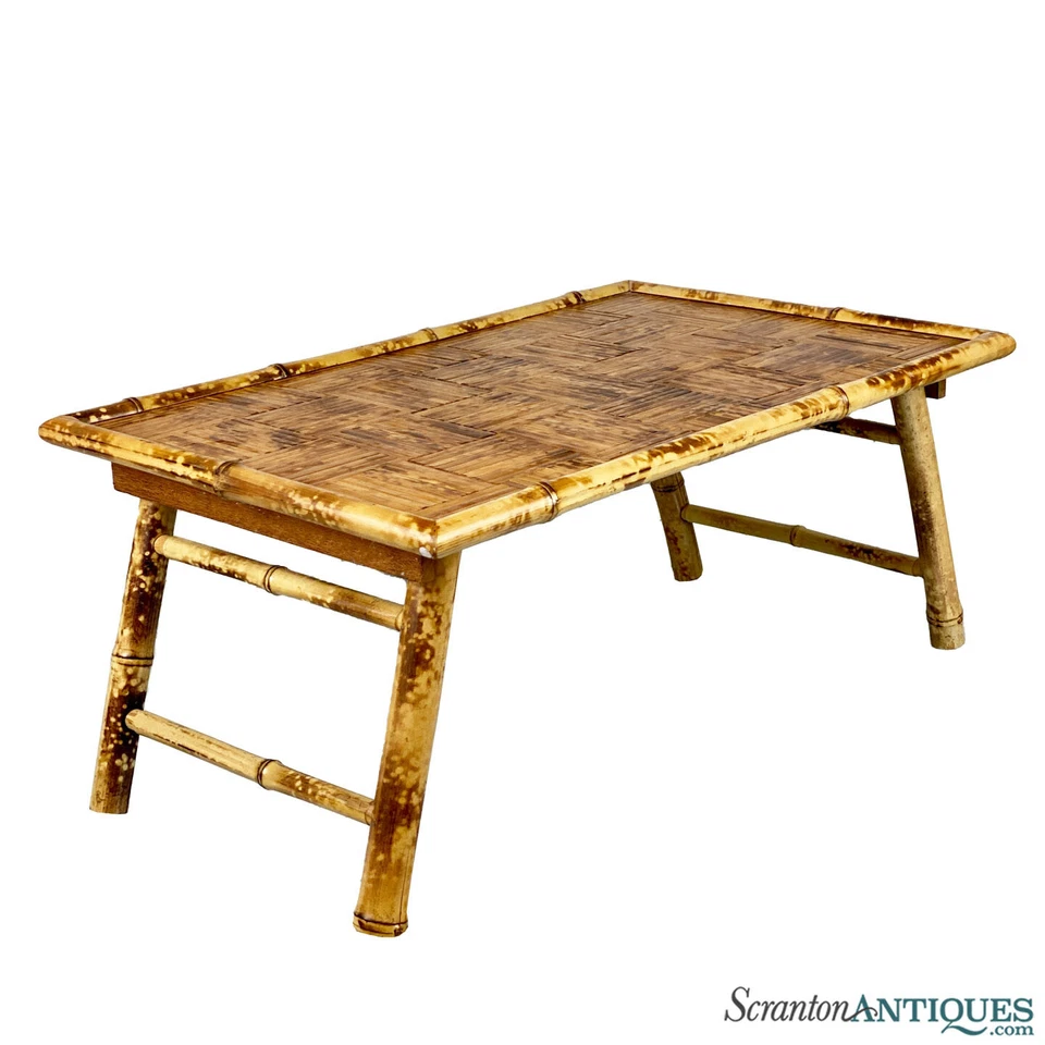 Vintage Boho Coastal Rattan Folding Bamboo TV Stand Plant Table - Image 1 of 4