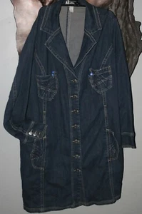 VINTAGE Duster Artsy JouJou Denim Jacket Coat Plus 26 28 2XL 3XL Embroidered - Picture 1 of 10