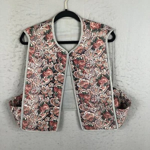 Vintage Handmade Vest Womens L Gray Pink Floral Quilted Country Farmhouse - Picture 1 of 14