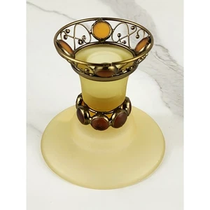 PartyLite Paris Retro Taper Candle Holder Yellow Frosted 3 3/4" Amber Jewel 80's - Picture 1 of 18