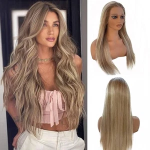 Pelucas delanteras de encaje 100 % cabello humano liso rubio arenoso ceniza oscuro 13x4 - Imagen 1 de 4