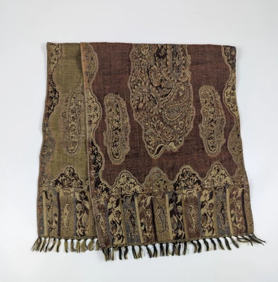 Sacred Threads 100% Wool Brown Paisley Fringe Scarf 66" Long Made in India - Image 1 of 4