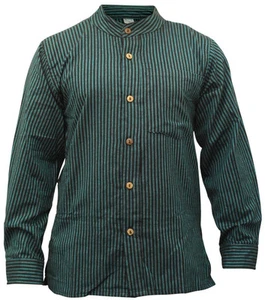 Men's Stripe Grandad Shirt Handloom Cotton Long Sleeve Hippie Band Collar Top - Picture 1 of 37