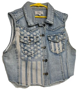 Chiqle Girls Size L Blue Denim American Flag Print jeans Button Up Pockets Vest - Picture 1 of 11
