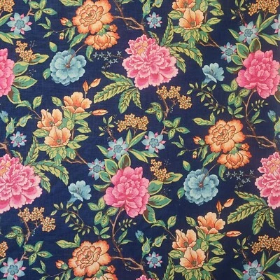 Mistura de linho azul marinho gráfico moderno chinoiserie floral madeira de cachorro tecido para decoração de casa - Imagem 1 de 3