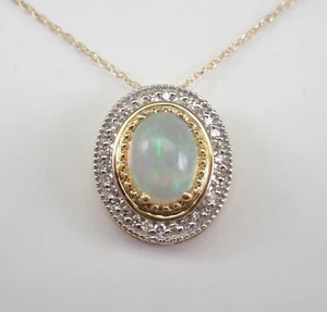 Yellow Gold Opal and Diamond Pendant Necklace 18 inch Chain October Gemstone - Picture 1 of 5