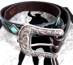Ariat Western Womens Belt Sz M Leather Floral Scroll Buckle Turquoise Conchos - Picture 1 of 18