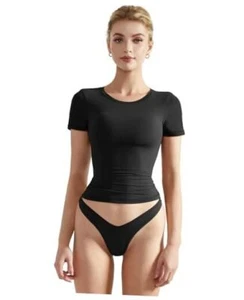 Women Double Lined Fitted Basic Tee Crew Neck Short Sleeve Y2K Small Jet Black - Picture 1 of 7