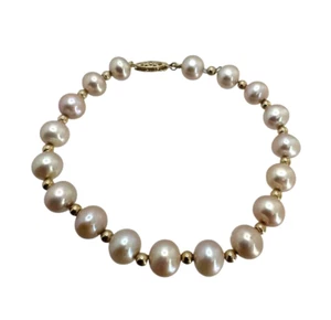 14K Yellow Gold Ball Bead and Genuine Pearl Bracelet 7.25 Inch - Picture 1 of 6