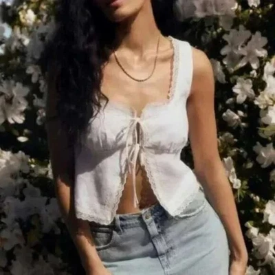 Reformation | Corbata Rosalie 100% Lino Floral Encaje en Blanco Talla 6 Foto 1 de 4