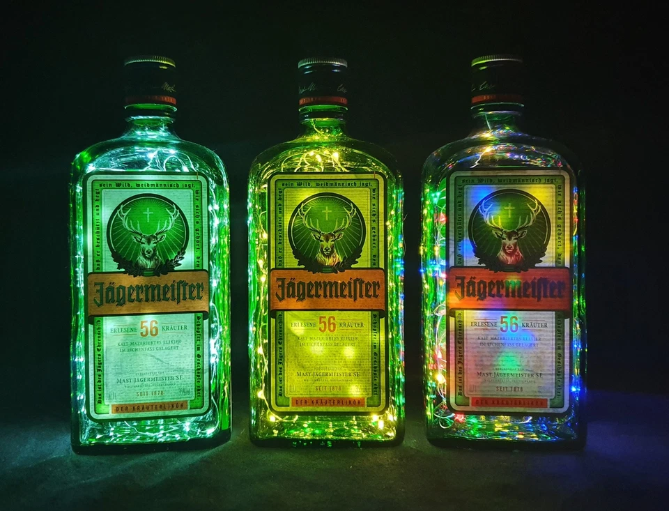 Jägermeister 3er SET Flaschenlampen mit 80 LEDs Upcycling Lampen Geschenk Idee - Bild 1 von 1
