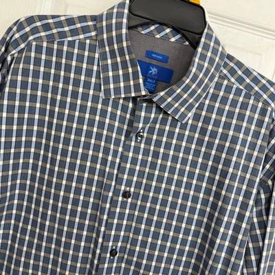 EGARA мужской 2XLT не железо клетку длинным рукавом платье рубашка хлопок синий бежевый желтовато-коричневый - Изображение 1 из 4