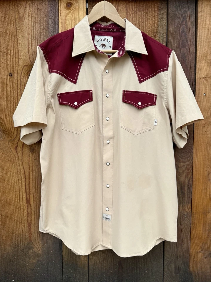 Rowel Western Pearl Snap Pebble/Cabernet Color Shirt Size L Short Sleeve - Image 1 of 4