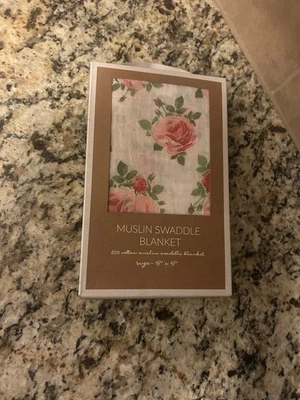 Mud Pie swaddle SHABBY CHIC PINK FLORAL MUSLIN SWADDLE BABY BLANKET new  - Image 1 of 4