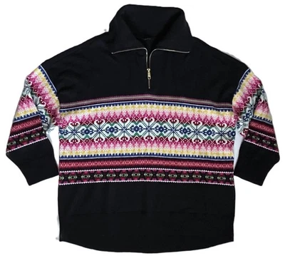 TALBOTS Navy Blue Fair Isle Multicolor 1/4 Zip Lambs Wool Sweater Plus Womens 2X - Image 1 of 3