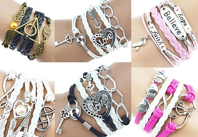 Bracciale pelle laccio intrecciato con infinito cuori e gufi / nero rosa bianco - Immagine 1 di 2