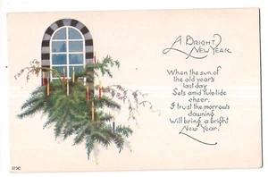 A BRIGHT NEW YEAR Postcard Window Pine Boughs Lit Candles Sprigs of Holly DB - Picture 1 of 2