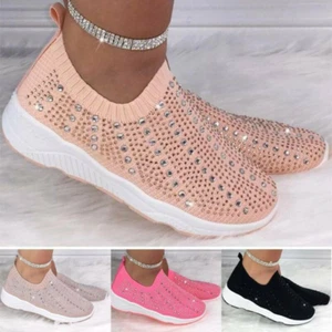 Womens Slip On Rhinestone Casual Breathable Trainers Sports Gym Sneakers Shoes - Picture 1 of 47