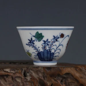 2.7" Chineses Ming Doucai Contrasting Colors Porcelain Flower Bird Cup - Picture 1 of 10