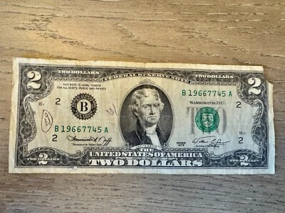 1976 Series $2 Two Dollar Bill Fed Reserve Note Washington Vintage Old Currency - Image 1 of 2