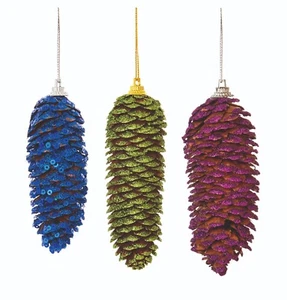Christmas Tree Decorations Pack of 3 Pine Cone Ornaments Purple Blue and Green - Picture 1 of 1