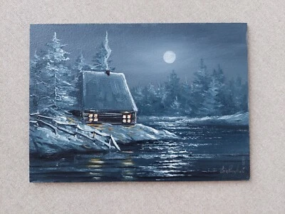 Winter night landscape original oil painting. Light in Hut Moon In Christmas Art - Image 1 of 4