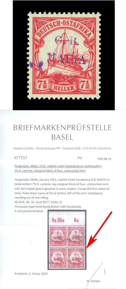 German Colonies EAST AFRICA -MAFIA ISLAND ovpt. 1915 Yacht 7½h Sc# NL27 mint MNH - Image 1 of 3