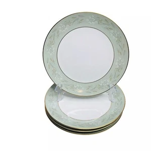 VTG Noritake China MODERNE Dessert Plates Lot of 4 Green Floral Gold Gilt 8.25" - Picture 1 of 8