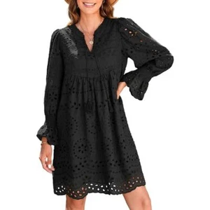 Womens Casual Dress, Tassel V Neck, Long Sleeve A Line Hollow Out Lace - Picture 1 of 10