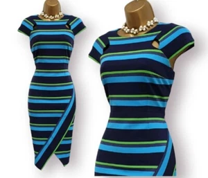 Karen Millen Navy Blue Turquoise Stripe Jersey Pencil Wiggle Dress UK 12 - Picture 1 of 12