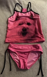 Justice Girls Tankini 2-Piece 2pc Swimsuit - Pink Graphic Photoreal Dog Puppy - Picture 1 of 14