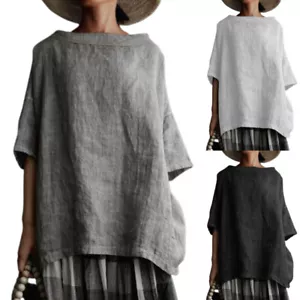 Women Linen-Look T-shirt Summer Ladies Casual Boho Tunic Blouse Plus Size Tops - Picture 1 of 11