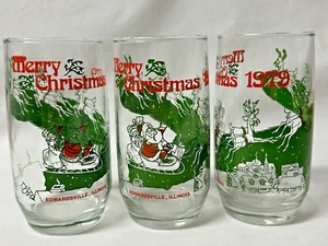 Merry Christmas 1979 Glasses Vintage Edwardsville IL Lot Of 3 Green Red 12 Oz. - Picture 1 of 6
