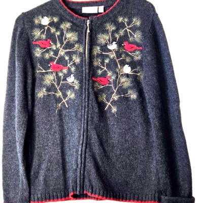 Croft & Barrow De Colección Cárdigan Suéter Pequeño Cardenales Bordado Grueso Cremallera Gris Foto 1 de 4