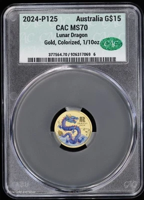 2024-P125 Australia 1/10 oz Gold Lunar Year of the Dragon Colorized CAC MS 70 - Image 1 of 4