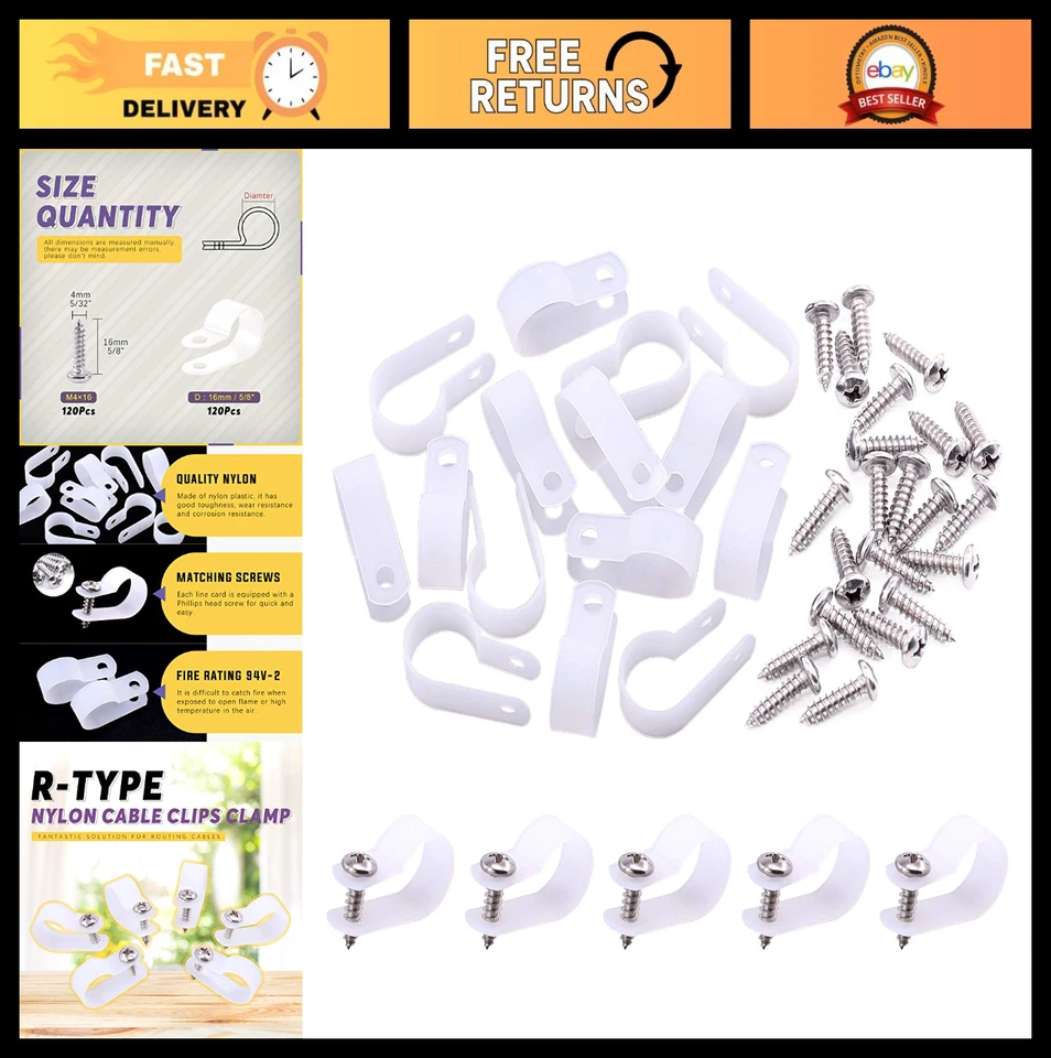 Paquete de 120 clips de cable de plástico de nailon de 5/8 pulgadas tipo R sujetadores de gestión de cables Foto 1 de 4