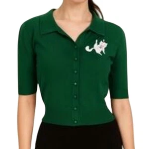 Collectif Christmas Cat Green Cardigan NWT 36 Medium - Picture 1 of 8