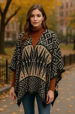 Joseph A One Size Zip Sweater Knit Poncho Geometric Southwest Neutral Gray Beige - Image 1 of 4