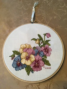 Pansy Flower Cross Stitch Handmade in Hoop - Picture 1 of 3
