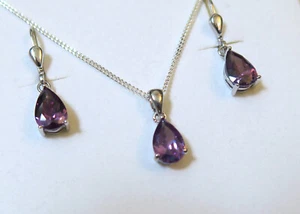 925 ECHT SILBER RHODINIERT 💧 Zirkonia Tropfen lila Set Anhänger Ohrringe Kette - Picture 1 of 7