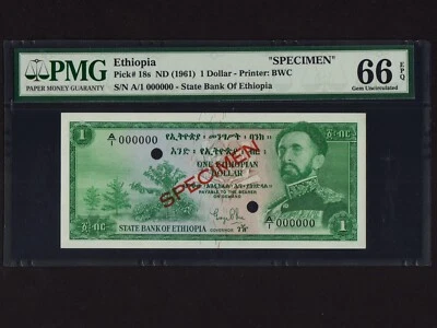 Ethiopia:P-18s, 1 Dollar, 1961* Haile Selassie * Specimen * PMG Gem UNC 66 EPQ * - Image 1 of 2