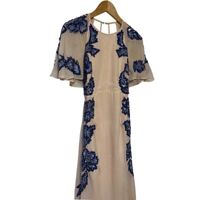 ASOS Beige Blue Sequin Floral  Backless Maxi Dress US Size 6 Evening Gown - Image 1 of 4