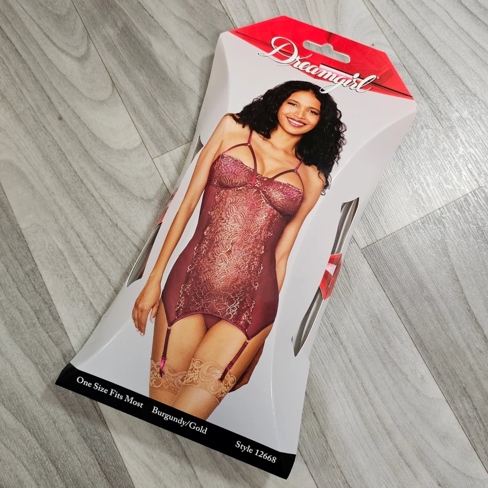 Lencería liguera sexy de malla y encaje Dreamgirl, borgoña y dorada, talla única Foto 1 de 4